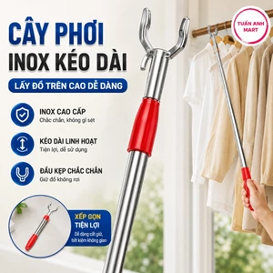 Cây phơi quần áo bằng inox kéo dài 1,5M, Cây gậy lấy đồ trên cao có thể kéo dài xếp gọn