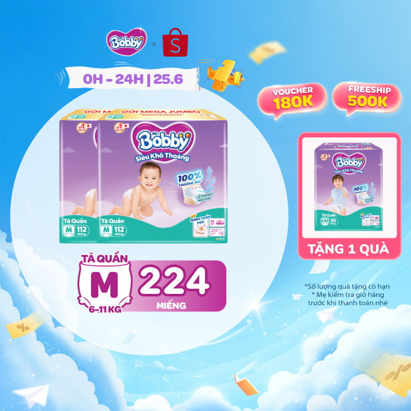 [TẶNG MIẾNG NGẪU NHIÊN] Combo 02 tã quần Bobby Khô Thoáng - 100% Thoáng Khí Mega Jumbo M112/L96/XL84/XXL76