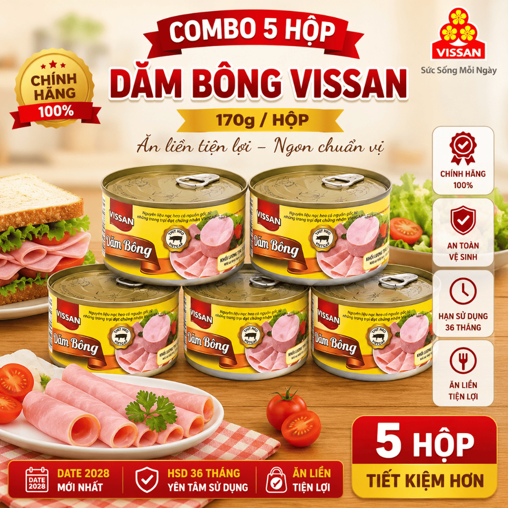 [Combo 5 Hộp] Dăm Bông Vissan 170g – Chính Hãng Date 2028, HSD 36 Tháng, Ăn Liền Tiện Lợi