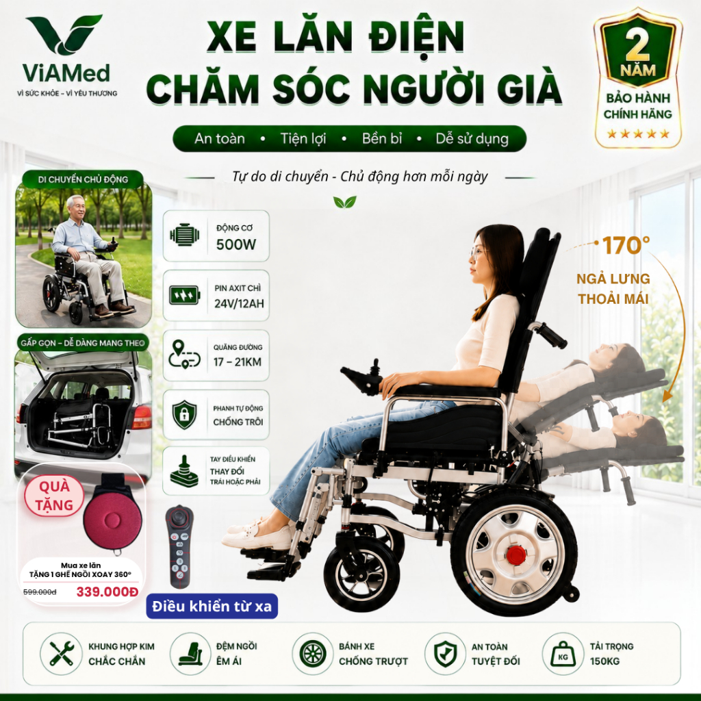 Xe Lăn Điện Lưng Cao (REMOTE) VA-XE082 Cao Cấp - Gấp gọn, An toàn cho Người Già & Người Bệnh (BẢO HÀNH 2 NĂM)