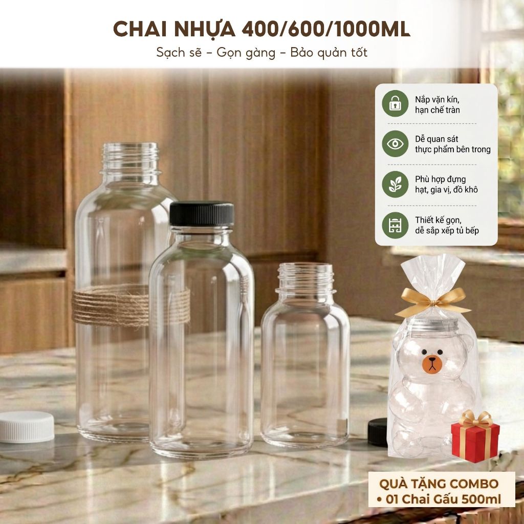 Combo 25 Chai Nhựa 400ml/600ml/1000ml Kèm Nắp – Chai Đựng Trà Sữa, Nước Ép, Sữa Hạt, Detox, Đồ Uống Take Away