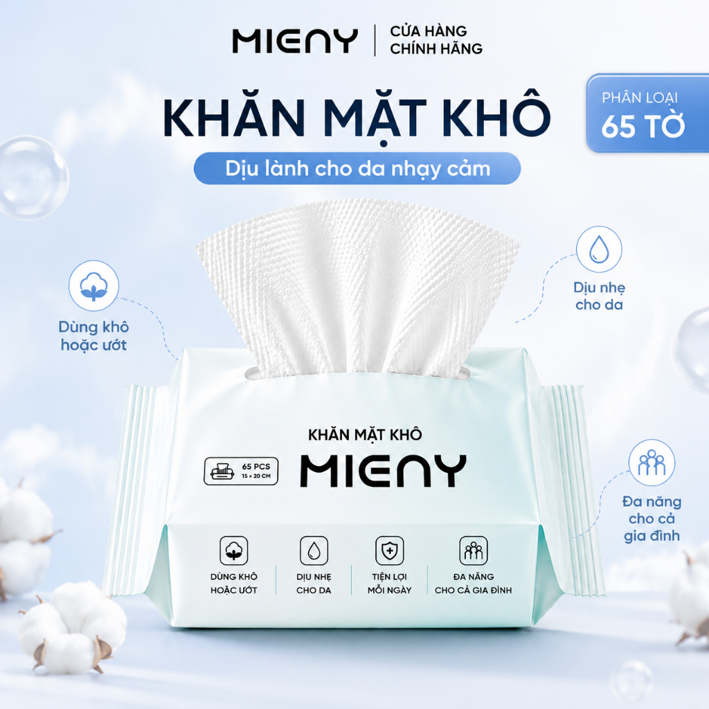 Khăn mặt khô MIENY 65 tờ khăn lau mặt dùng một lần, khăn khô đa năng dành cho da nhạy cảm