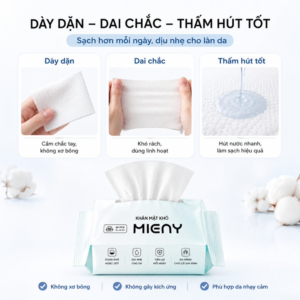 Khăn mặt khô MIENY 65 tờ khăn lau mặt dùng một lần, khăn khô đa năng dành cho da nhạy cảm