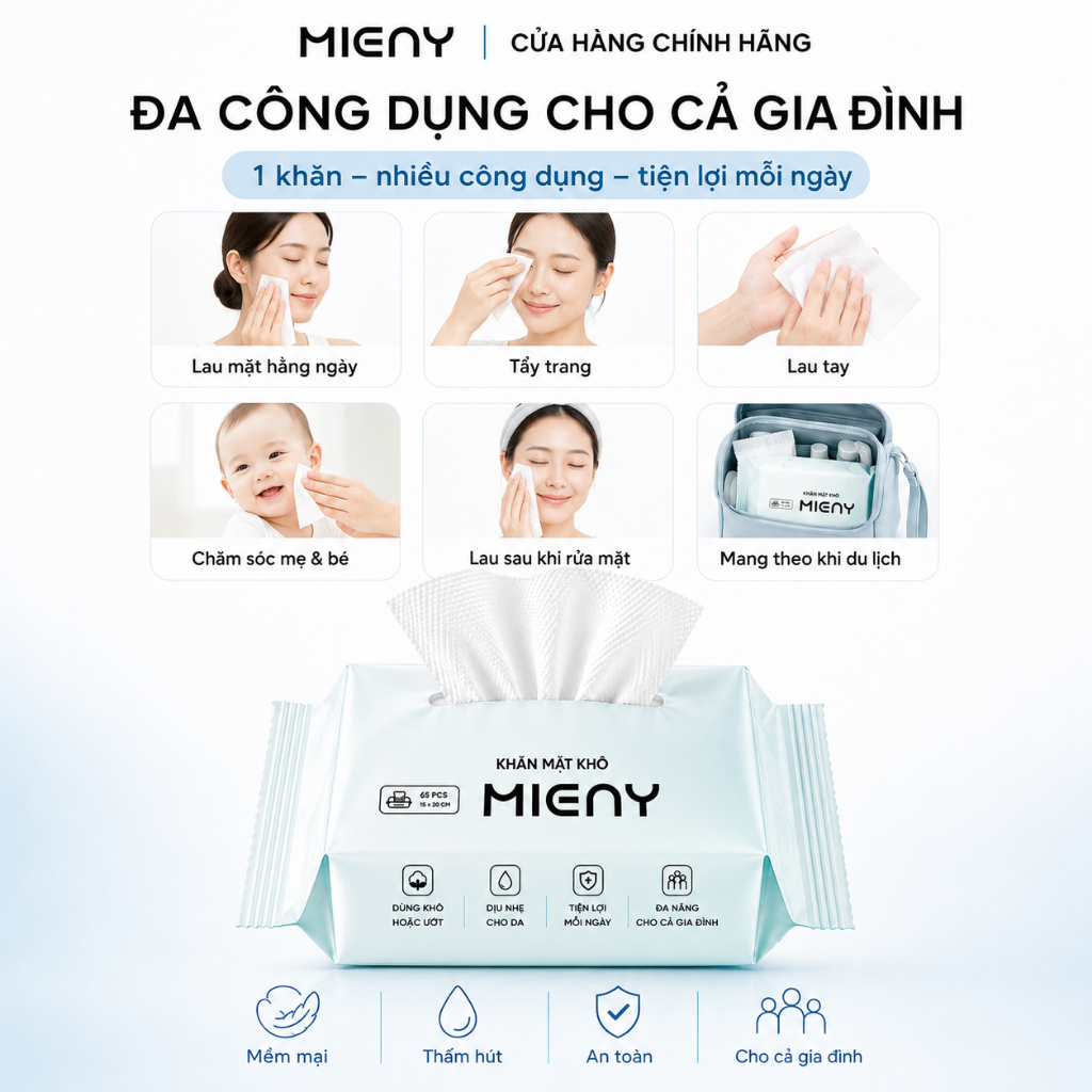 Khăn mặt khô MIENY 65 tờ khăn lau mặt dùng một lần, khăn khô đa năng dành cho da nhạy cảm