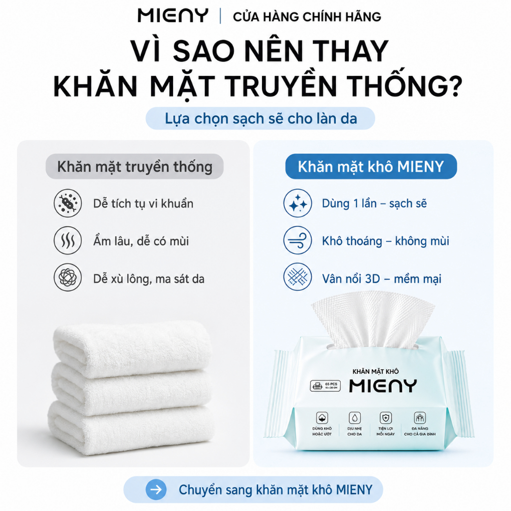 Khăn mặt khô MIENY 65 tờ khăn lau mặt dùng một lần, khăn khô đa năng dành cho da nhạy cảm