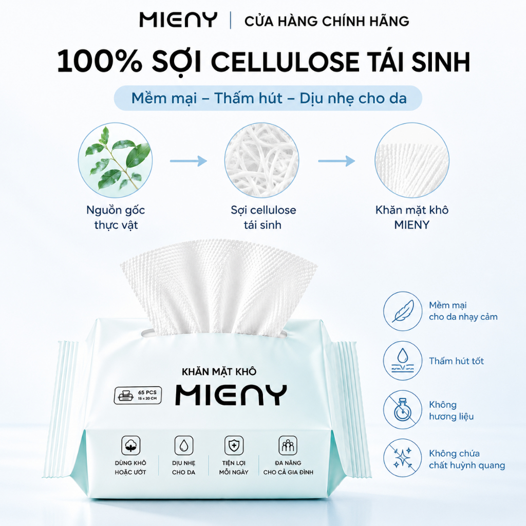 Khăn mặt khô MIENY 65 tờ khăn lau mặt dùng một lần, khăn khô đa năng dành cho da nhạy cảm