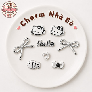 Bộ 8 charm MÈO BẠC - sẵn đế gắn, charm nhựa, phụ kiện dễ thương gắn dép, trang trí túi xách, dép lỗ
