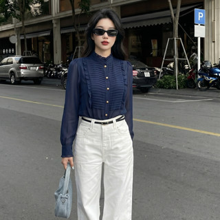 (NEW) Áo Sơ Mi Công Sở Nữ Xanh Navy Cổ Tròn Tay Voan - Áo Kiểu Thanh Lịch Dự Tiệc Dễ Phối Quần Váy Cao Cấp 217