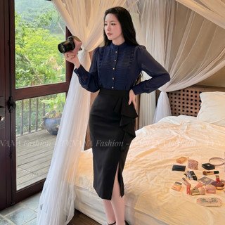 (NEW) Áo Sơ Mi Công Sở Nữ Xanh Navy Cổ Tròn Tay Voan - Áo Kiểu Thanh Lịch Dự Tiệc Dễ Phối Quần Váy Cao Cấp 217