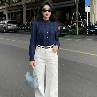 (NEW) Áo Sơ Mi Công Sở Nữ Xanh Navy Cổ Tròn Tay Voan - Áo Kiểu Thanh Lịch Dự Tiệc Dễ Phối Quần Váy Cao Cấp 217