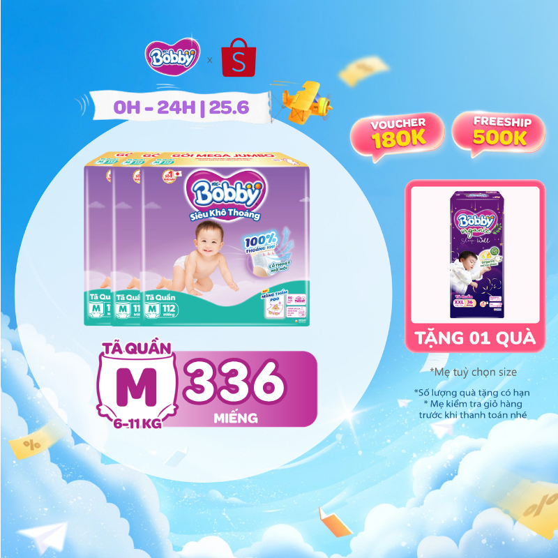 [TẶNG MIẾNG NGẪU NHIÊN] Combo 3 tã quần Bobby Siêu Khô Thoáng - 100% Thoáng Khí Mega Jumbo M112/L96/XL84/XXL76