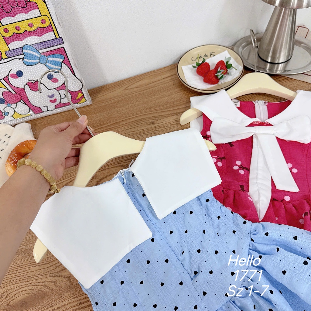 Váy Bí Sát Nách 2 Lớp Cổ Yếm Cho Bé Gái Đầm Xòe Họa Tiết Chấm Bi Đính Kèm Nơ Thoáng Mát Bé Gái BR18