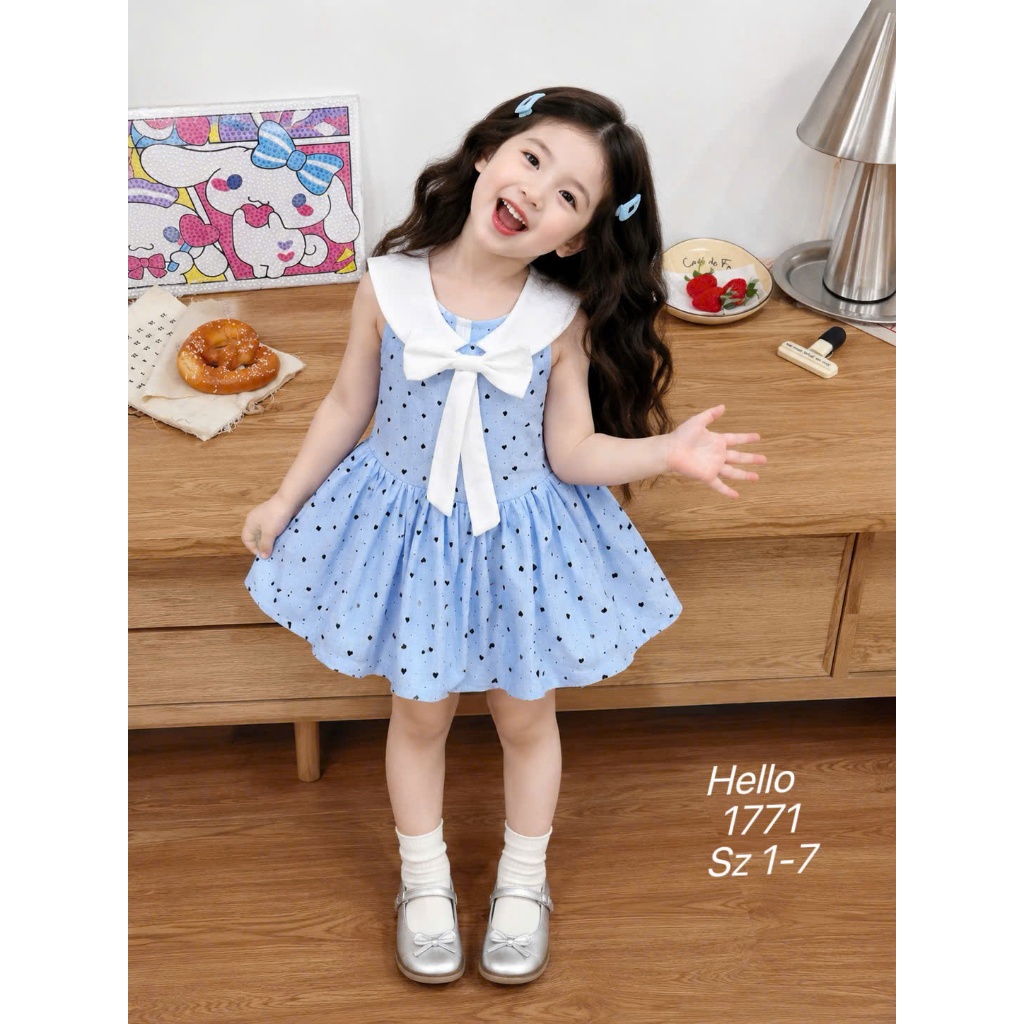 Váy Bí Sát Nách 2 Lớp Cổ Yếm Cho Bé Gái Đầm Xòe Họa Tiết Chấm Bi Đính Kèm Nơ Thoáng Mát Bé Gái BR18