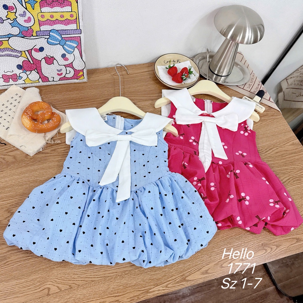 Váy Bí Sát Nách 2 Lớp Cổ Yếm Cho Bé Gái Đầm Xòe Họa Tiết Chấm Bi Đính Kèm Nơ Thoáng Mát Bé Gái BR18