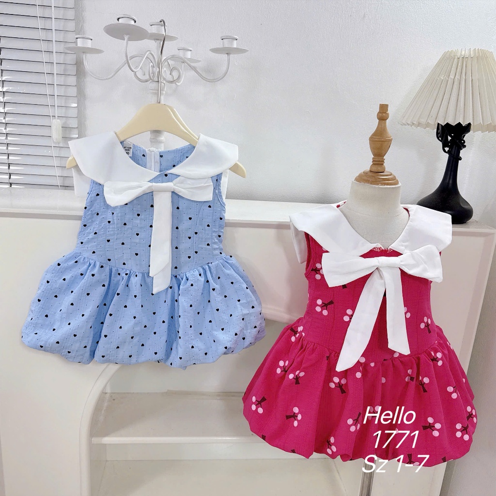 Váy Bí Sát Nách 2 Lớp Cổ Yếm Cho Bé Gái Đầm Xòe Họa Tiết Chấm Bi Đính Kèm Nơ Thoáng Mát Bé Gái BR18