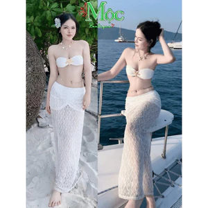Set bộ 3 món, Set TK chất Ren áo đính tag ngôi sao có mút kèm quần trong phối chân váy dài_MK