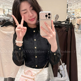 Áo Sơ Mi Nữ Đen Dài Tay Cổ Tròn Có Khuya Cài Dáng Tay Voan Thanh Lịch | 218