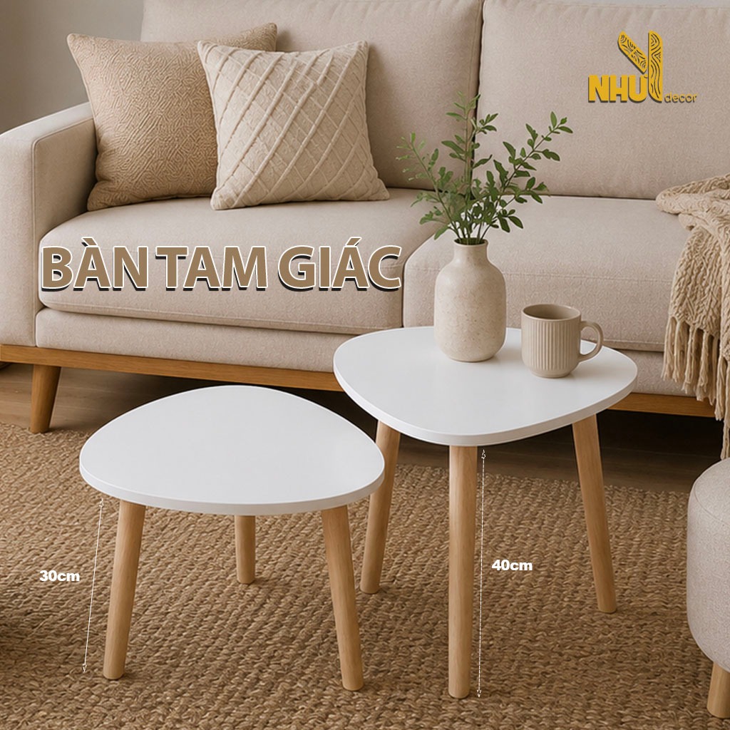 Bàn trà tam giác sofa chân gỗ tự nhiên chắc chắn, Bàn trà ngồi bệt mặt oval hiện đại nhiều màu sắc