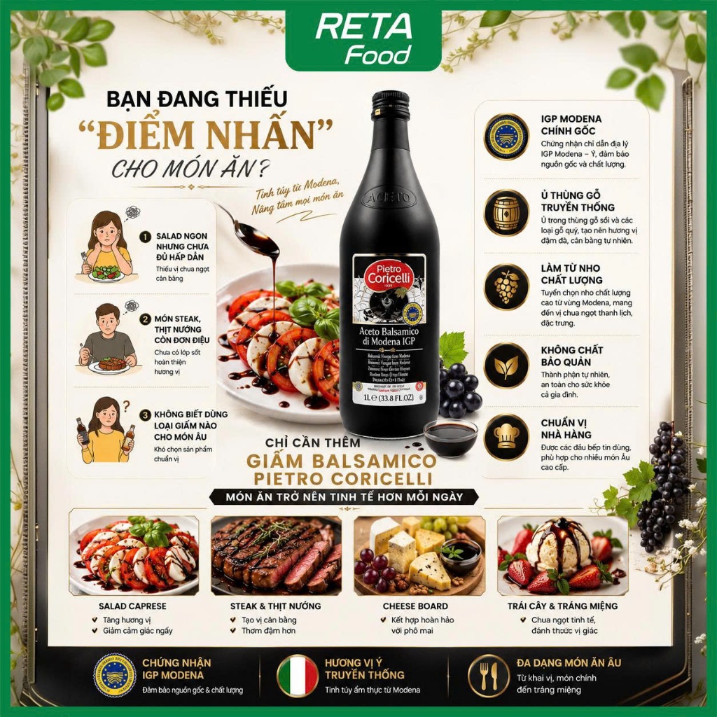 Giấm nho thơm/đen Pietro Coricelli Balsamico Vinegar of Modena 250ml/500ml/1000ml - Nhập khẩu Ý