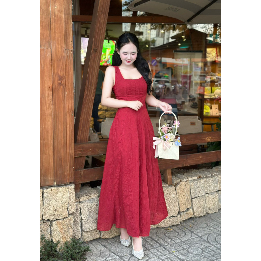 Đầm Xô Thêu Hoạ Tiết LASY Thời Trang Nữ 2 Dây Cổ Vuông Thun Sau Dáng Xoè Maxi