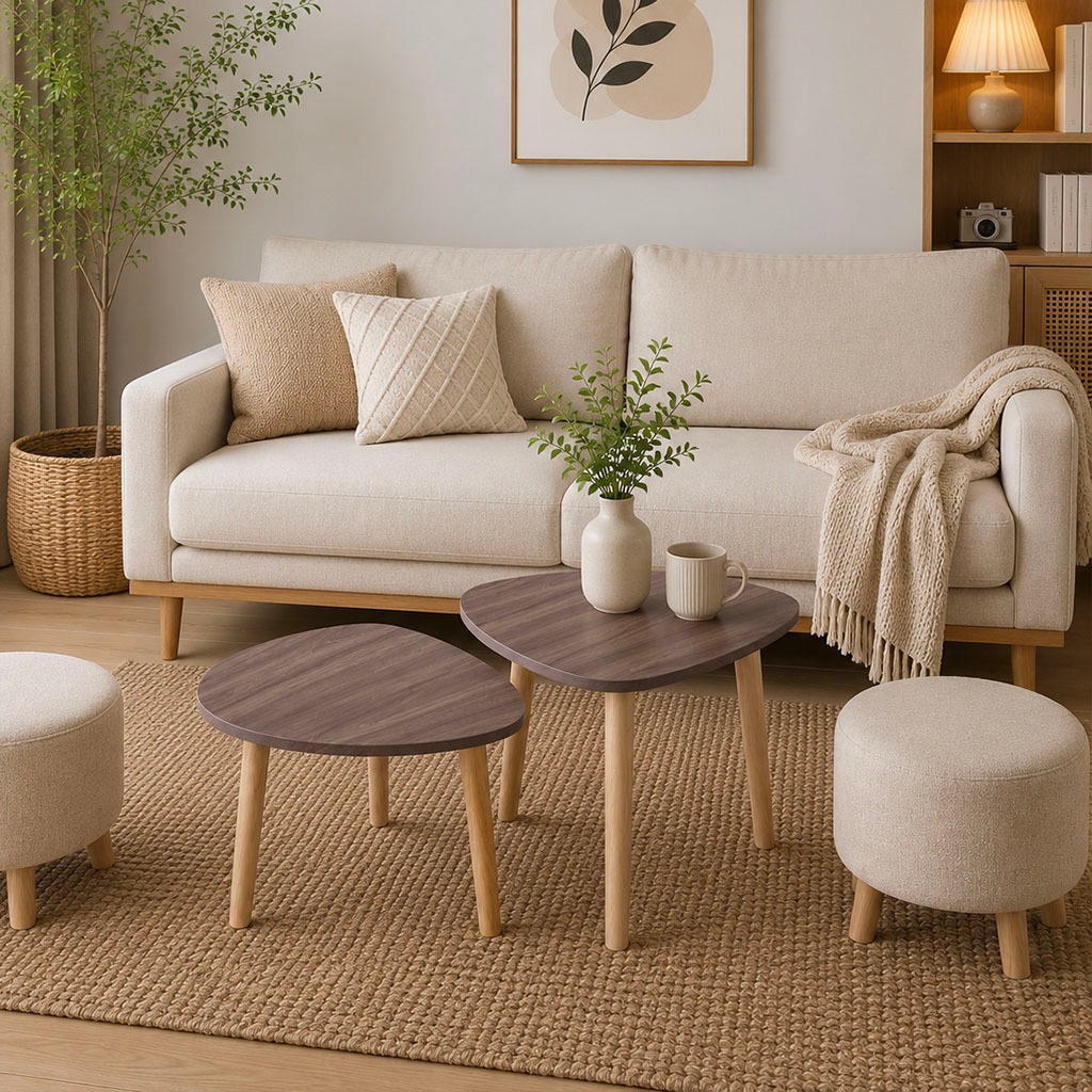 Bàn trà tam giác sofa chân gỗ tự nhiên chắc chắn, Bàn trà ngồi bệt mặt oval hiện đại nhiều màu sắc