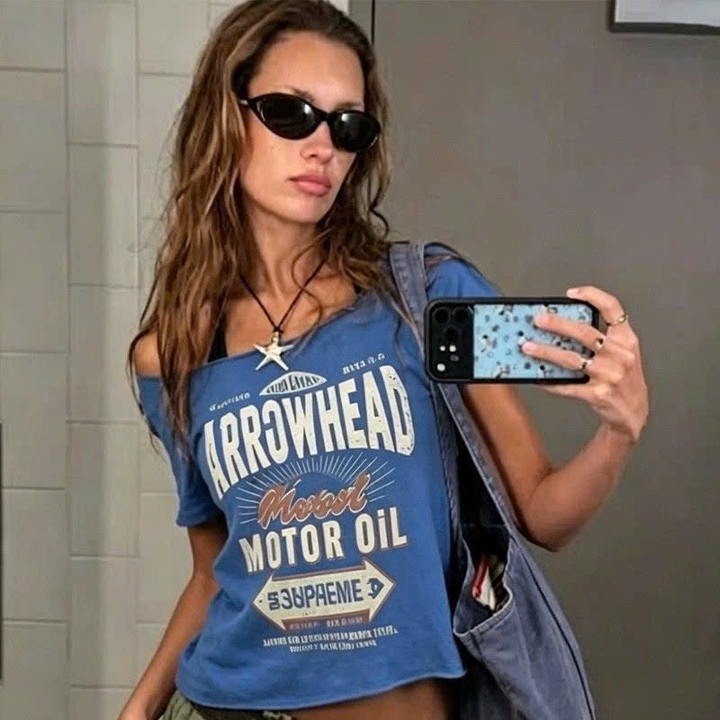 Áo thun trễ vai dáng lửng Motor oil mát mẻ dành cho nữ - Tiktik
