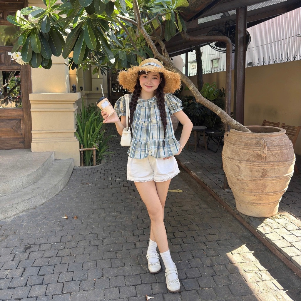 [BST Hè 2026] Áo Babydoll Nữ Cổ Sen Tay Phồng Caro Vintage Hàn Quốc - VieSoul