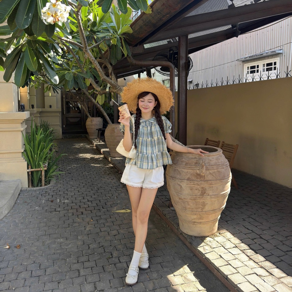 [BST Hè 2026] Áo Babydoll Nữ Cổ Sen Tay Phồng Caro Vintage Hàn Quốc - VieSoul