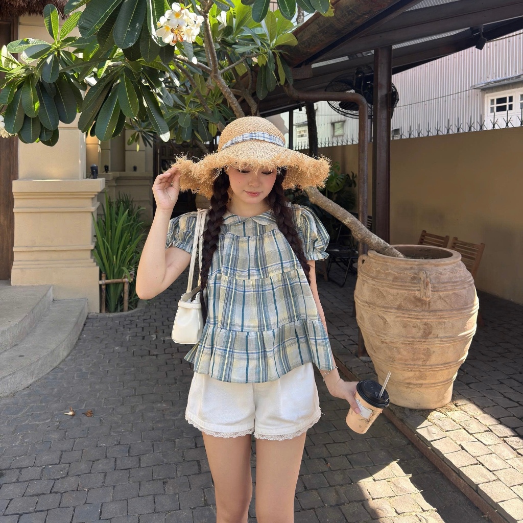 [BST Hè 2026] Áo Babydoll Nữ Cổ Sen Tay Phồng Caro Vintage Hàn Quốc - VieSoul