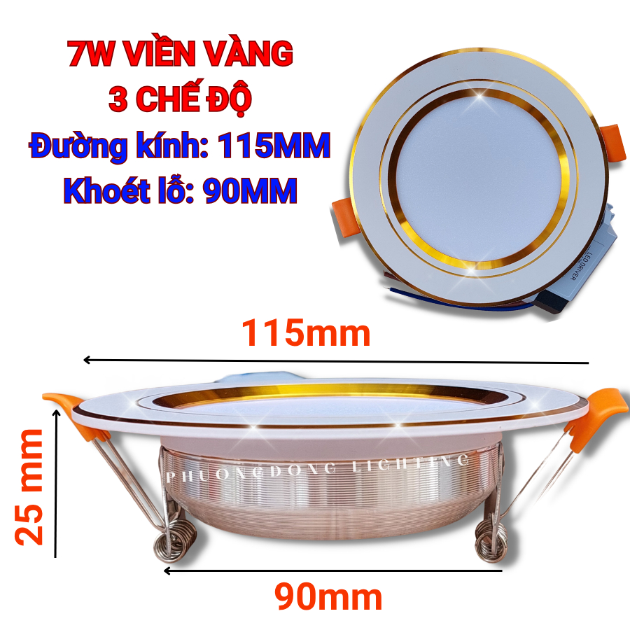 Đèn LED Âm Trần 7W 9W – Đổi 3 Màu Ánh Sáng viền vàng viền bạc Bảo hành 12 tháng