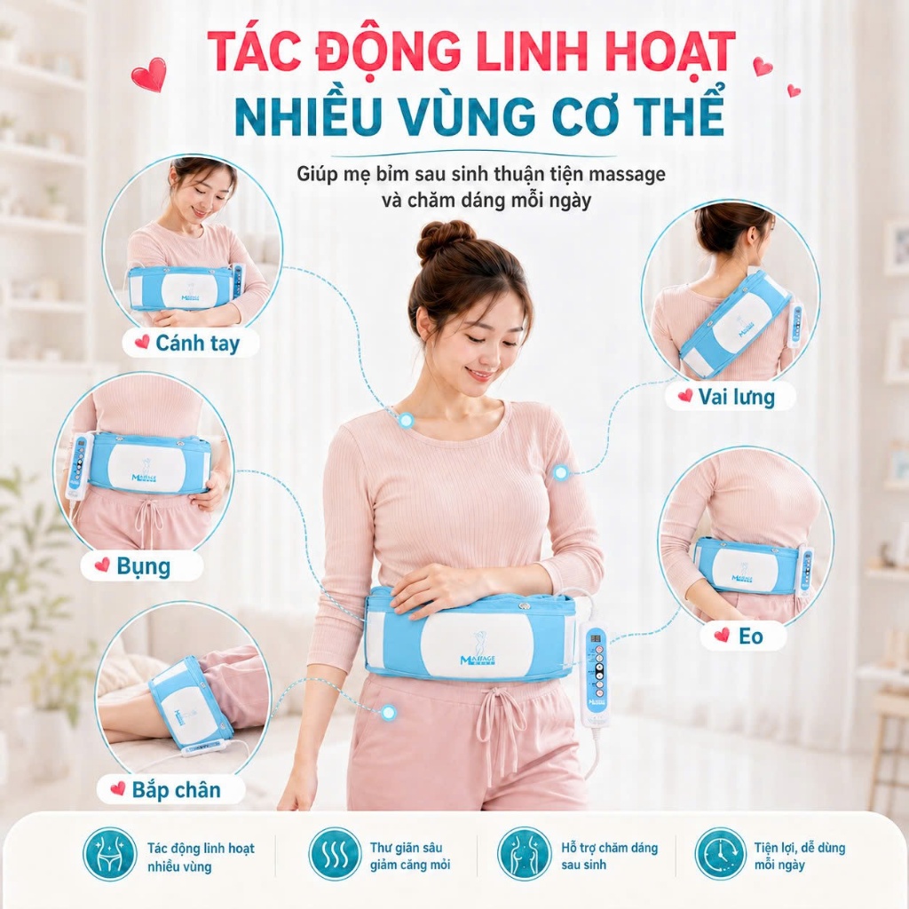 Đai Massage Giảm Mỡ Bụng Dưới Sau Sinh, Máy Massage Làm Thon Gọn Cơ Thể Cho Mẹ Bỉm Giảm Ngay 5-6cm Chỉ Sau 20 Ngày