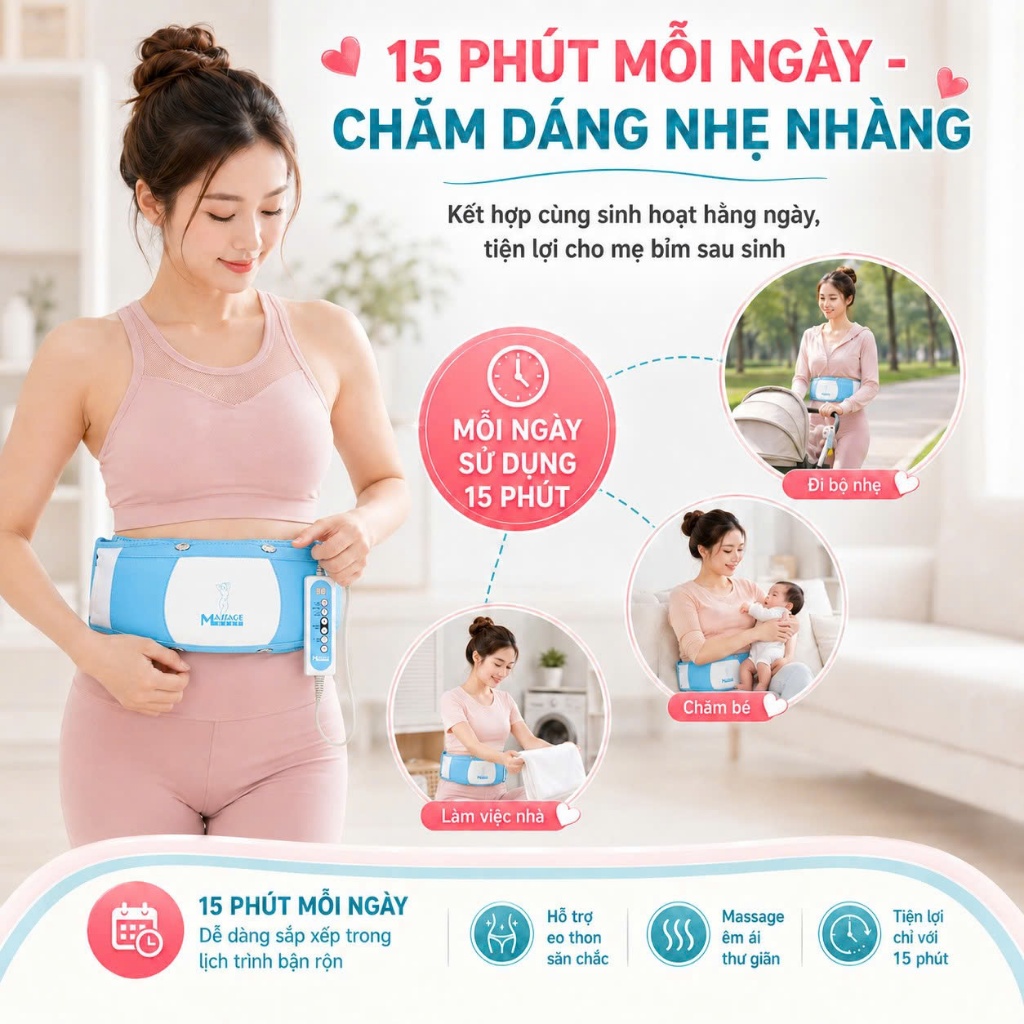 Đai Massage Giảm Mỡ Bụng Dưới Sau Sinh, Máy Massage Làm Thon Gọn Cơ Thể Cho Mẹ Bỉm Giảm Ngay 5-6cm Chỉ Sau 20 Ngày