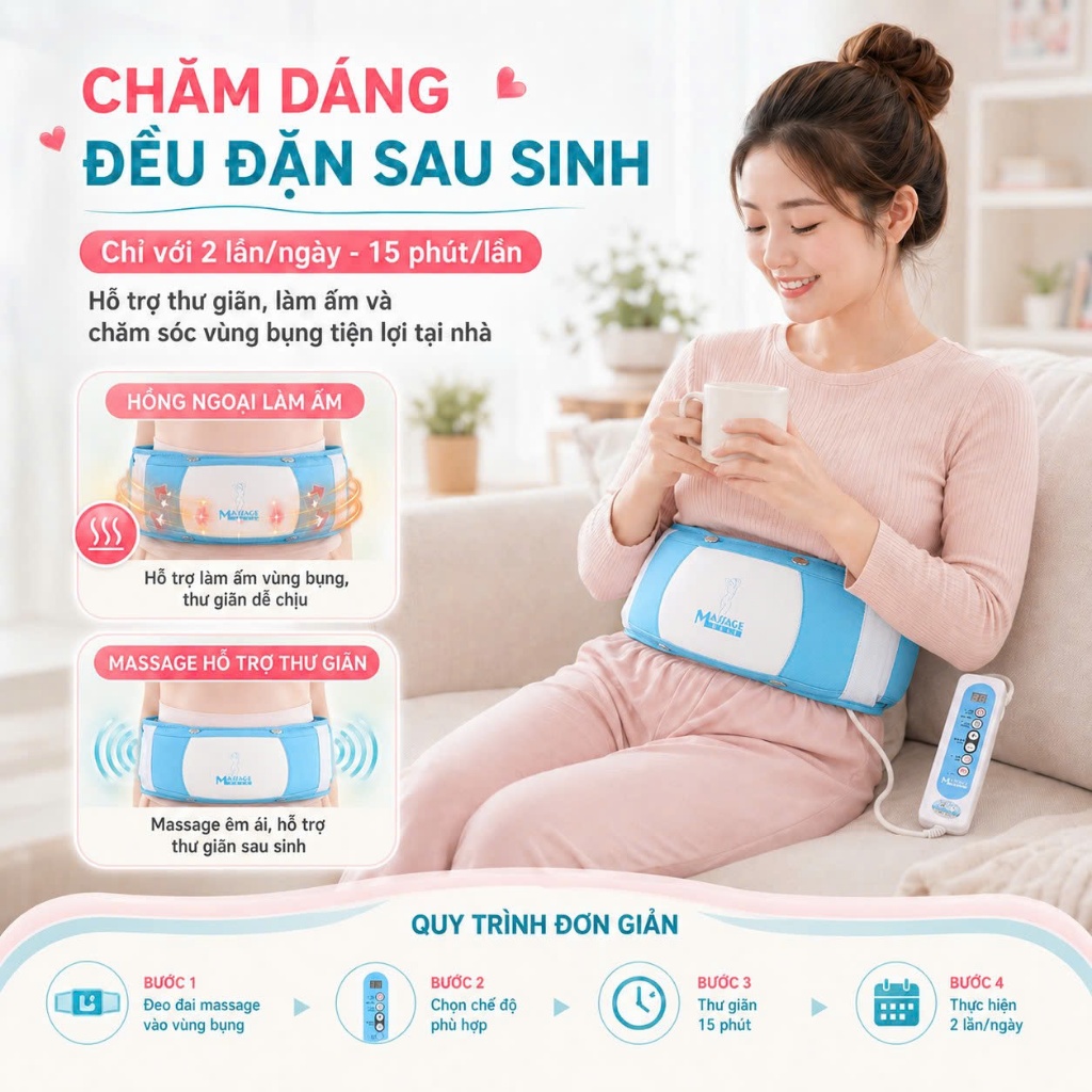 Đai Massage Giảm Mỡ Bụng Dưới Sau Sinh, Máy Massage Làm Thon Gọn Cơ Thể Cho Mẹ Bỉm Giảm Ngay 5-6cm Chỉ Sau 20 Ngày