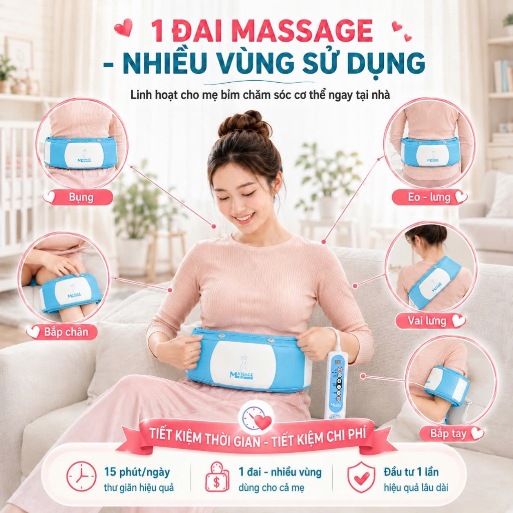 Đai Massage Giảm Mỡ Bụng Dưới Sau Sinh, Máy Massage Làm Thon Gọn Cơ Thể Cho Mẹ Bỉm Giảm Ngay 5-6cm Chỉ Sau 20 Ngày