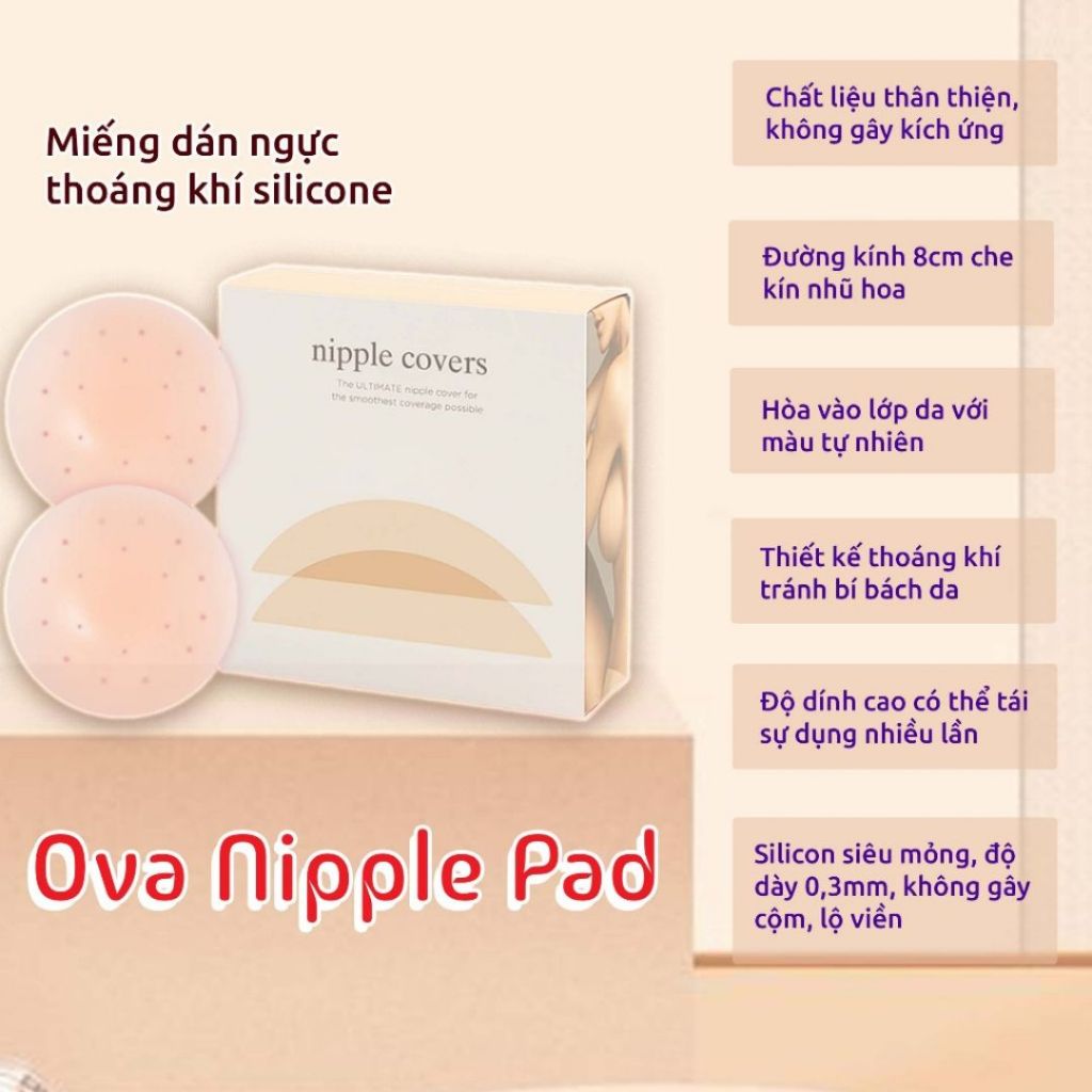 Miếng dán nâng ngực silicone thoáng khí cao cấp, miếng dán ti siêu mỏng dính Ova Nipple Pad, rộng 8cm.