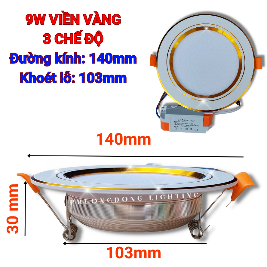 Đèn LED Âm Trần Viền Vàng, Viền Bạc 7w, 9w Đổi 3 màu ánh sáng Tiết kiệm điện Bảo hành 12 tháng