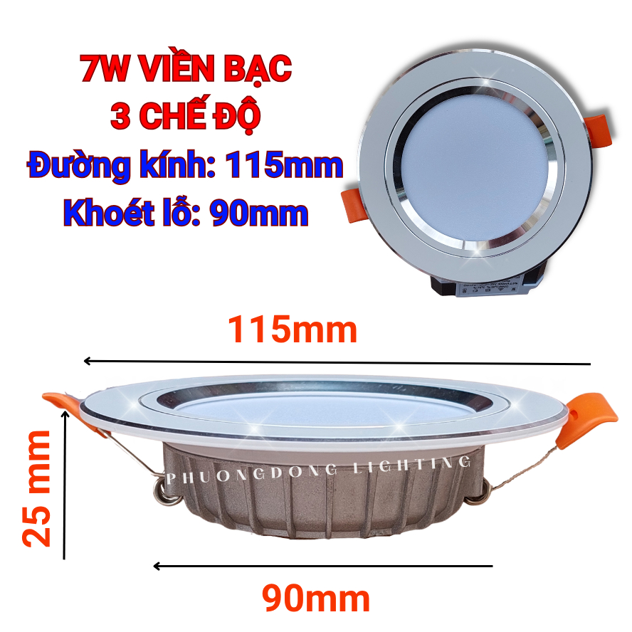 Đèn LED Âm Trần Viền Vàng, Viền Bạc 7w, 9w Đổi 3 màu ánh sáng Tiết kiệm điện Bảo hành 12 tháng