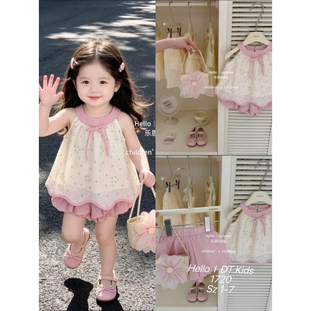 Set Quần Áo Sát Nách Cho Bé Gái Mùa Hè Bộ Quần Áo Thiết Kế Dáng Bí Cổ Yếm Dễ Thương BR19