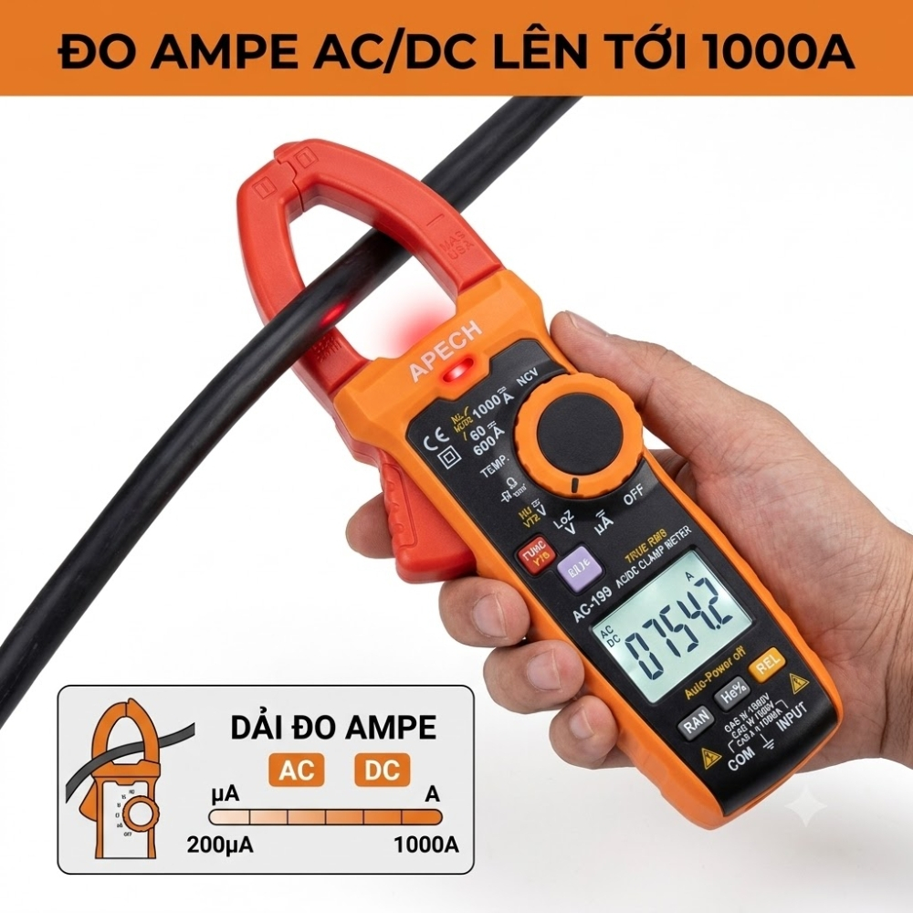 Ampe Kìm Đo Dòng AC/DC APECH AC199 TrueRMS, Thang Lớn 1000V/1000A, Cao Cấp Chính Xác - Anh Phát