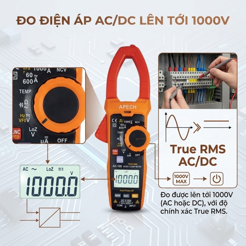 Ampe Kìm Đo Dòng AC/DC APECH AC199 TrueRMS, Thang Lớn 1000V/1000A, Cao Cấp Chính Xác - Anh Phát