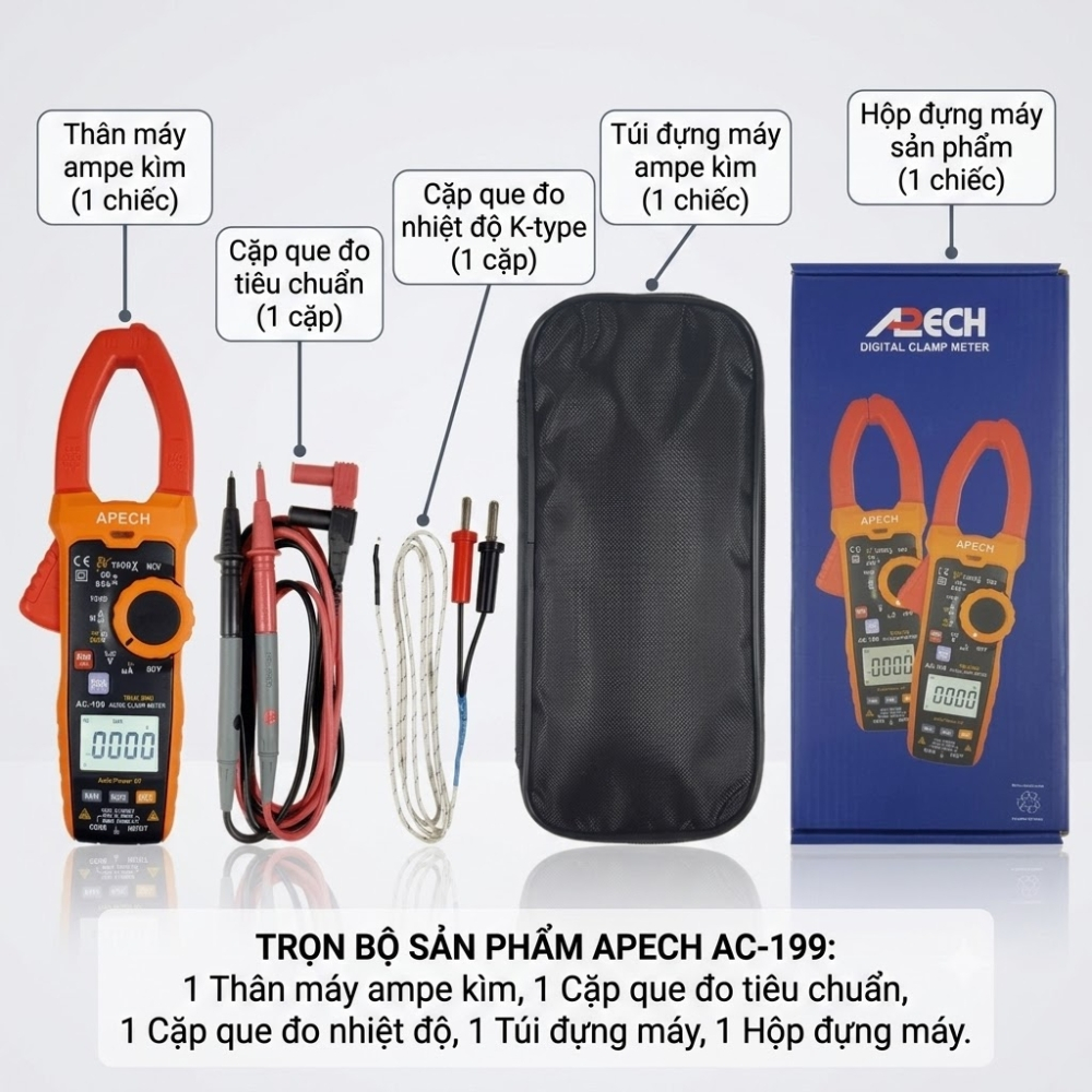 Ampe Kìm Đo Dòng AC/DC APECH AC199 TrueRMS, Thang Lớn 1000V/1000A, Cao Cấp Chính Xác - Anh Phát