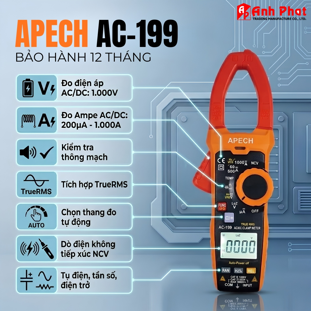Ampe Kìm Đo Dòng AC/DC APECH AC199 TrueRMS, Thang Lớn 1000V/1000A, Cao Cấp Chính Xác - Anh Phát