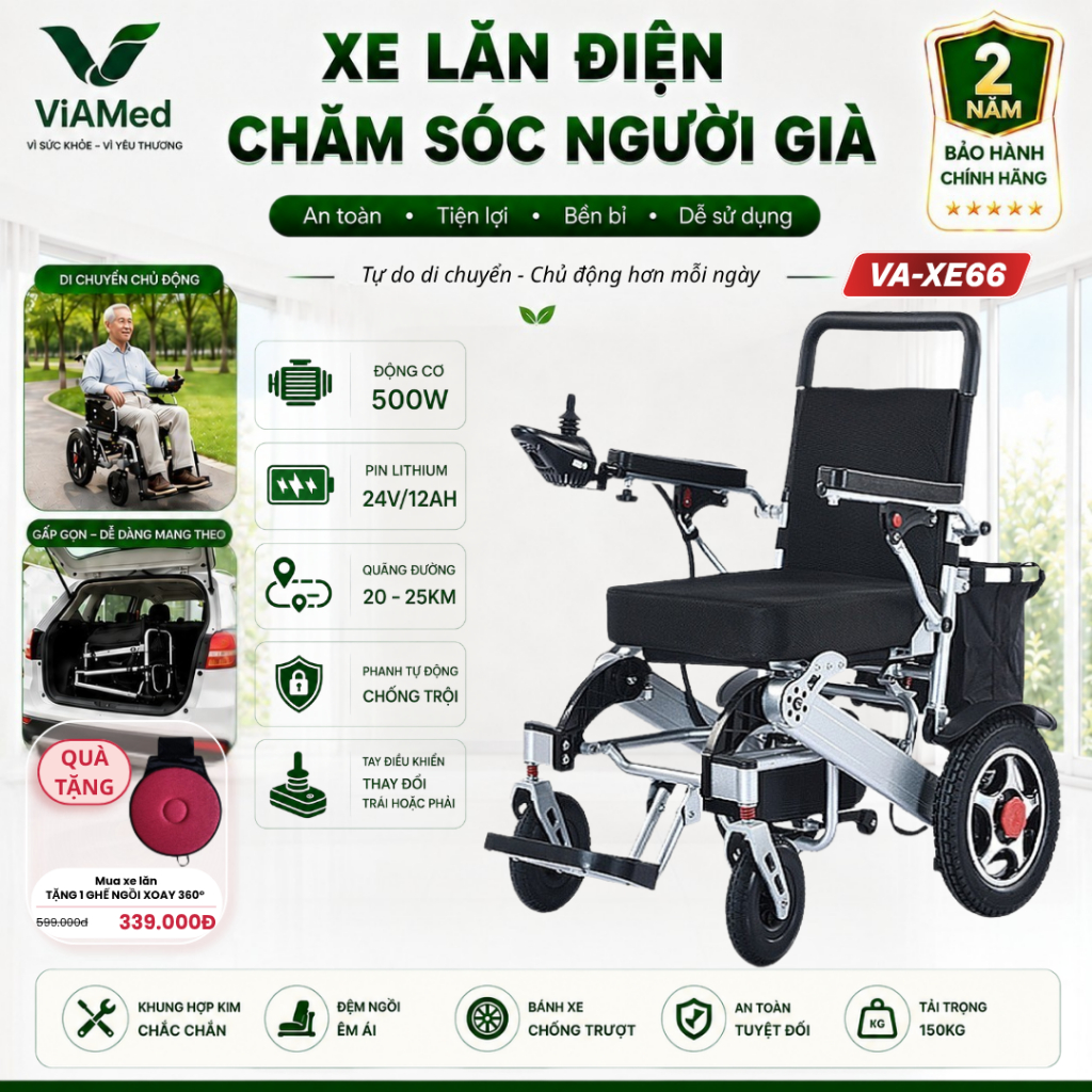 Xe Lăn Điện VA-XE66 Lithium Cao Cấp - Gấp gọn, An toàn cho Người Già & Người Bệnh (BẢO HÀNH 2 NĂM)