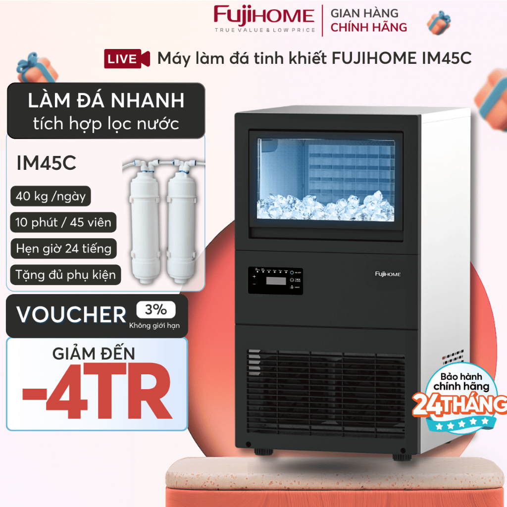 Máy làm đá viên tinh khiết FUJIHOME IM45C Nhập Khẩu, Máy làm đá lọc nước phù hợp quán trà sữa