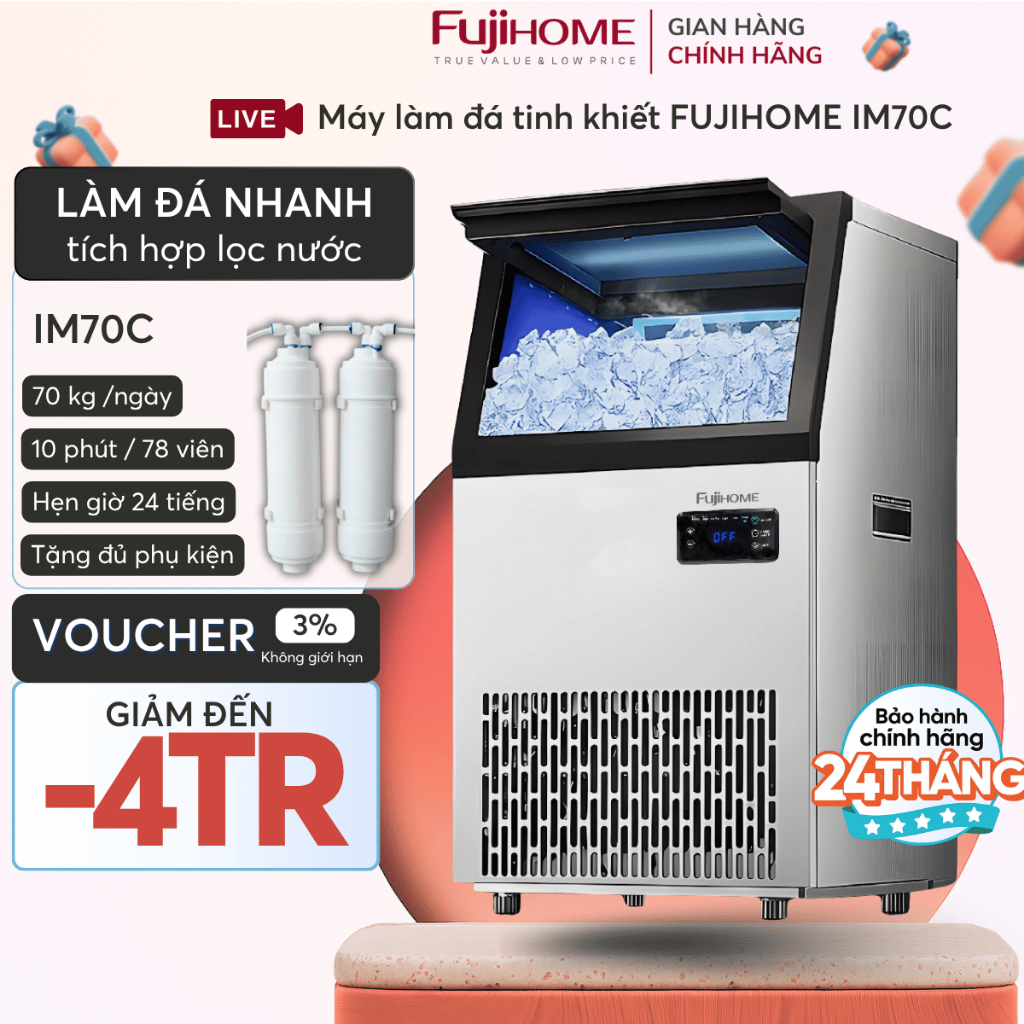 Máy làm đá viên tự động 70Kg/ngày Nhập Khẩu FUJIHOME IM70C, Máy làm đá lọc nước nhà hàng quán cafe