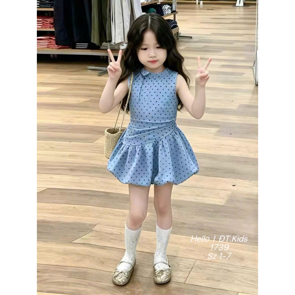 Váy Đũi Lanh Chấm Bi Cho Bé Gái Váy Liền Dáng Bí Phối Nơ Cổ Dễ Thương BR20
