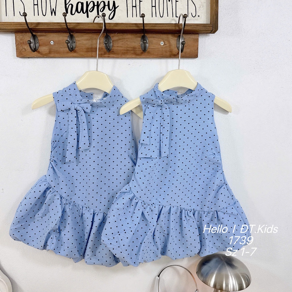 Váy Đũi Lanh Chấm Bi Cho Bé Gái Váy Liền Dáng Bí Phối Nơ Cổ Dễ Thương BR20