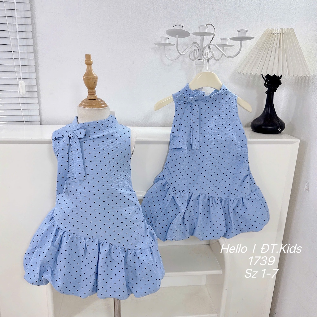 Váy Đũi Lanh Chấm Bi Cho Bé Gái Váy Liền Dáng Bí Phối Nơ Cổ Dễ Thương BR20