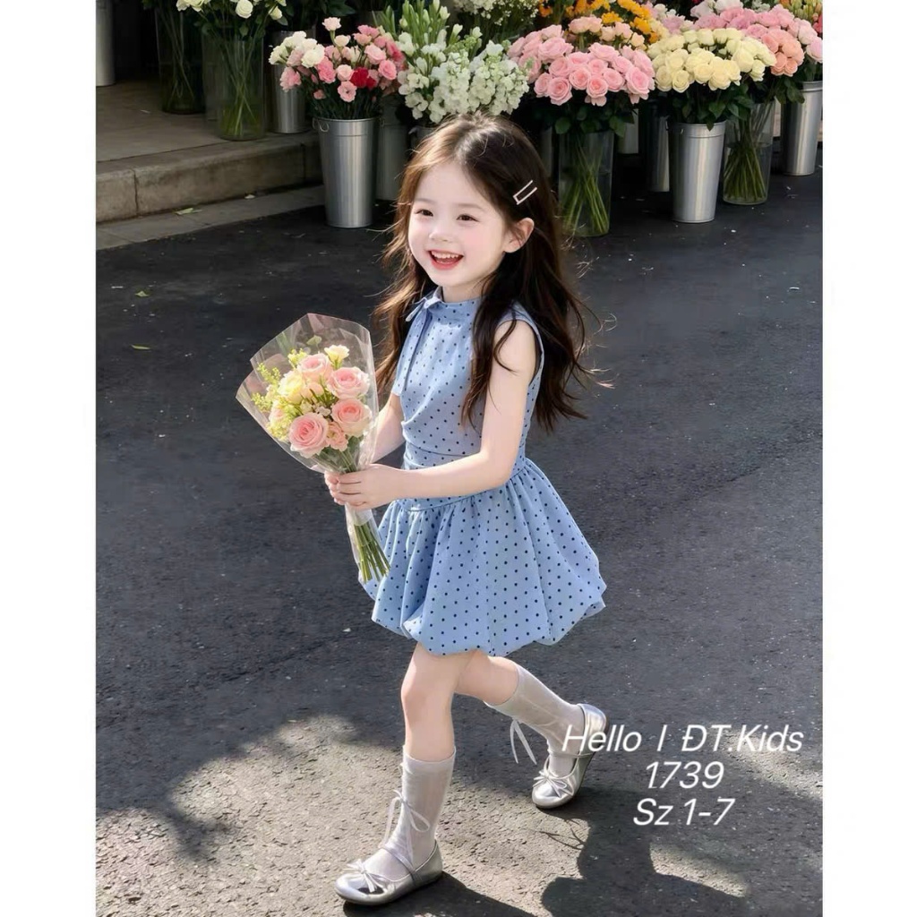 Váy Đũi Lanh Chấm Bi Cho Bé Gái Váy Liền Dáng Bí Phối Nơ Cổ Dễ Thương BR20