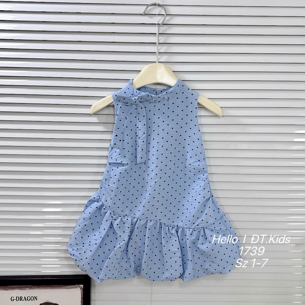 Váy Đũi Lanh Chấm Bi Cho Bé Gái Váy Liền Dáng Bí Phối Nơ Cổ Dễ Thương BR20